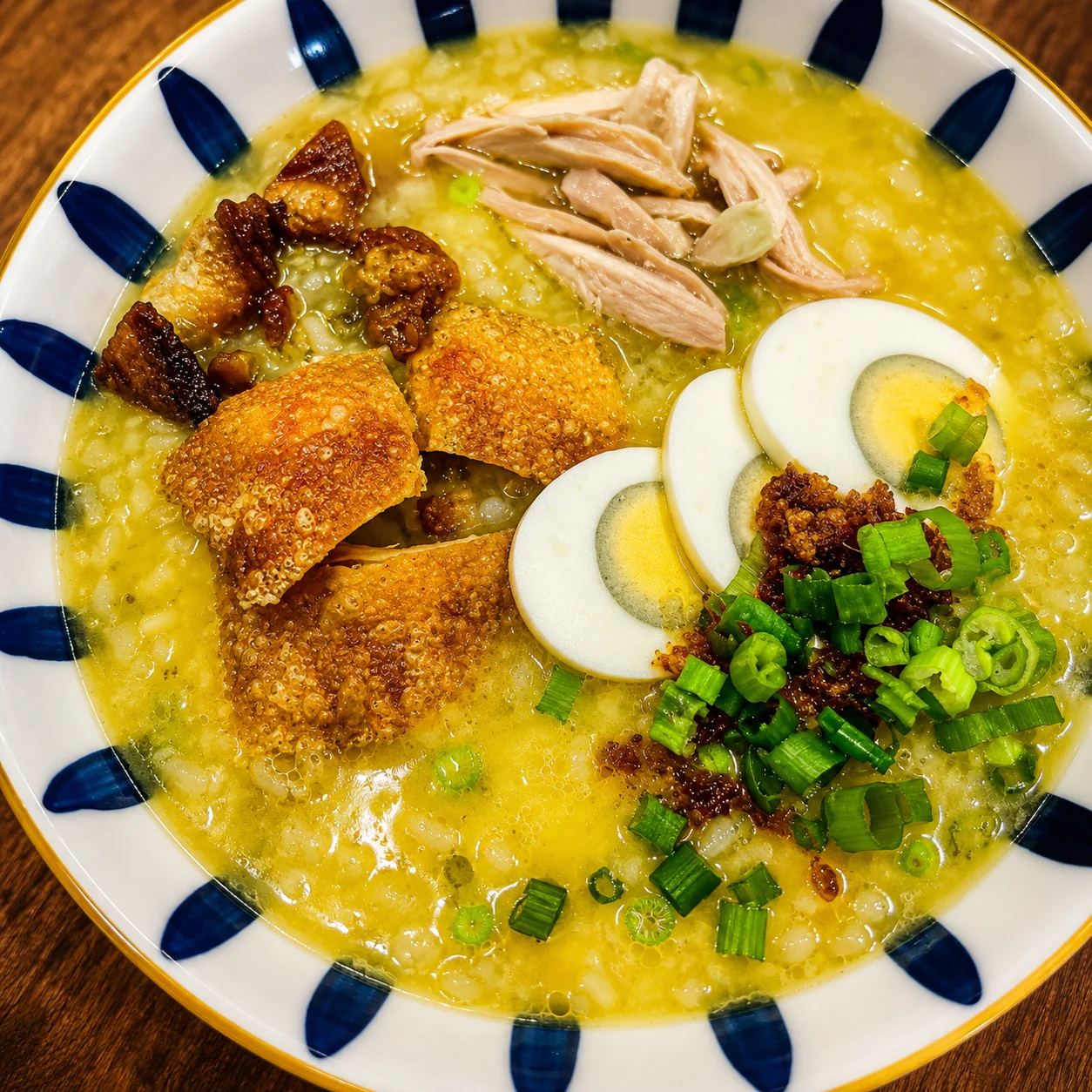 Goto Classico rice porridge at Crspy Bnch Winnipeg - Filipino congee with garlic, ginger and toasted garlic