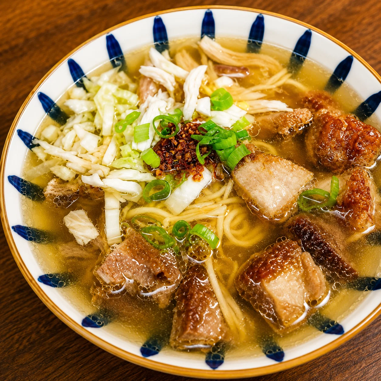 Lechon Pares Mami noodle soup at Crspy Bnch Winnipeg - crispy lechon over mami noodles in pares broth